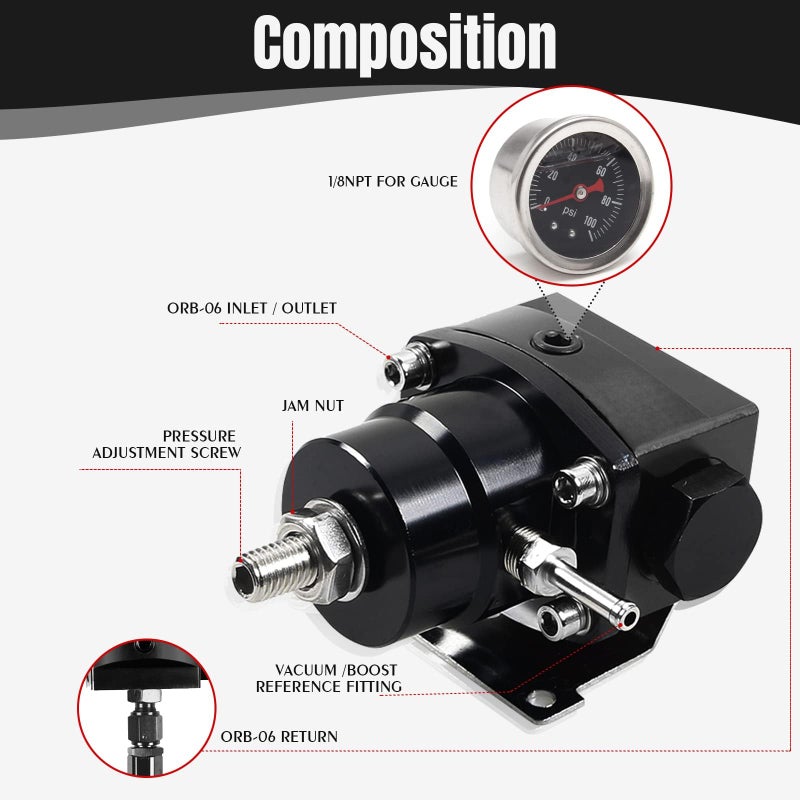 YESHMA EFI Fuel Pressure Regulator Kit 0-100psi with Gauge 6AN Fuel Line Fitting Universal Adjustable Aluminum (Black) - Image 2